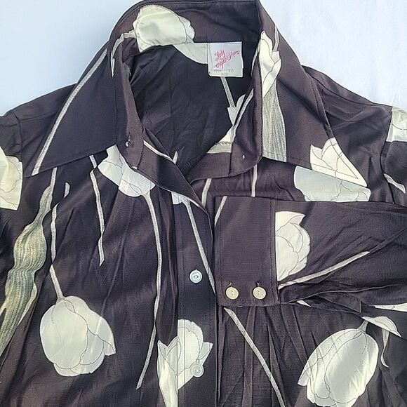 Vintage 70s Long Sleeve Shirt Blouse, Black W White Tulips By Lady Capermates - Picture 5 of 6